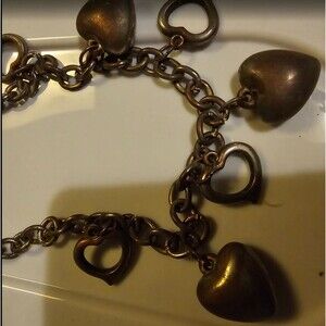 Chain type bracelet with Puffy and hollow hearts 8" Brass Silver type